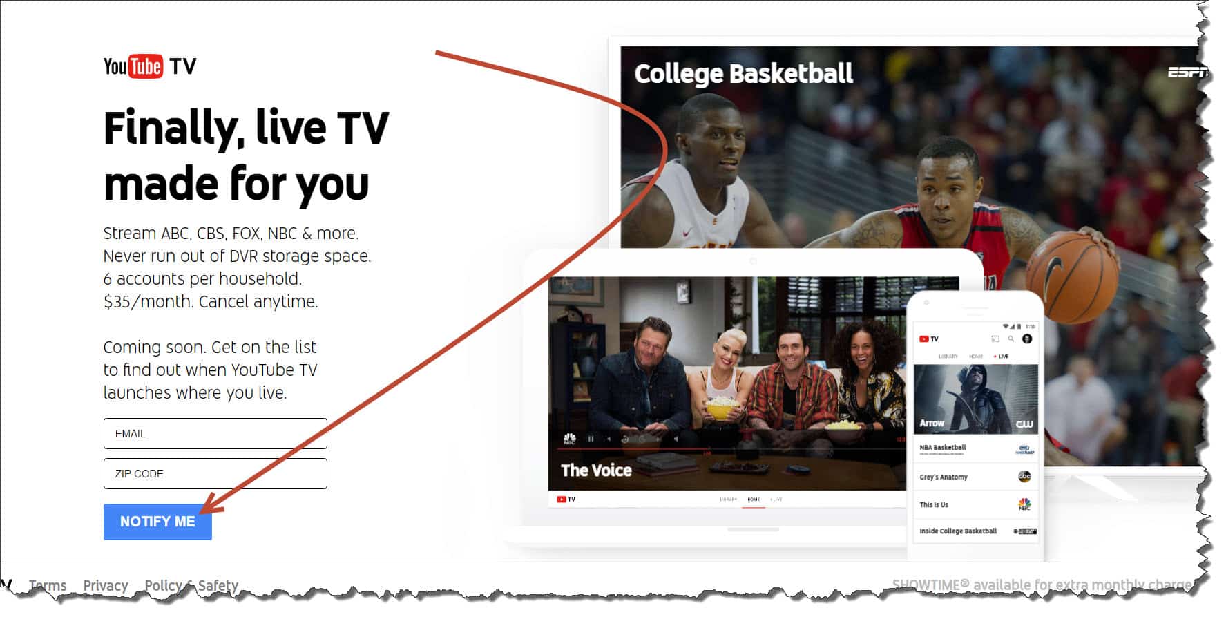 YouTube TV Notify Me